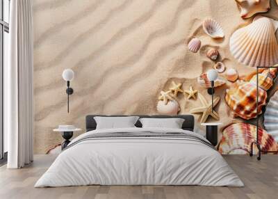 Summer beach scene with seashells and sand as a background, suitable for a flat lay copy space image. Wall mural