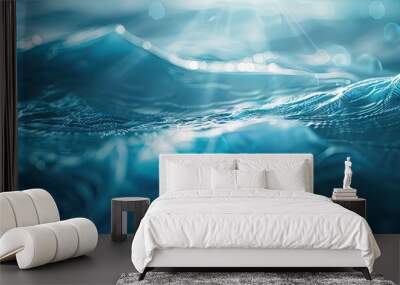 Textured backdrop of waves on light blue water illuminated by sunlight Represents tranquility and relaxation Close up with selective focus and defocus. with copy space image Wall mural