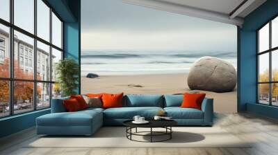 The smooth grey stone resting on the sandy beach, with a tranquil ocean backdrop in the copy space image. Wall mural