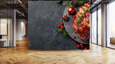 Top-down view of a mouthwatering ham on a gray tabletop for a Christmas meal, with room for text in the image. with copy space image. Place for adding text or design Wall mural