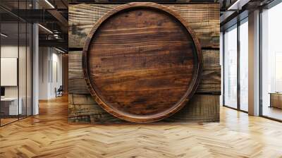 Top view of a round wooden plate or tray set against a rustic wooden backdrop with sufficient vacant space for text or images forming a copy space image Wall mural