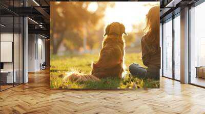 Top view of a young Latin Venezuelan woman in a park sitting and watching her dog roll on its back on the ground This reflects the concept of people and pets with copy space available Wall mural