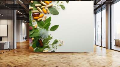 Top view of alternative medicine herbs capsules and vitamins with space for copy Wall mural