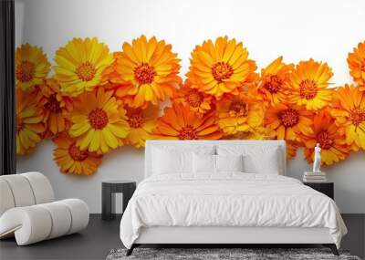 Top view of orange calendula flowers isolated on white calendula officinalis. with copy space image. Place for adding text or design Wall mural