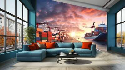 Transporting cargo by both ship and plane copy space image Wall mural