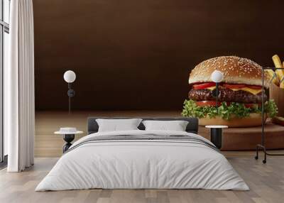 Two grilled hamburger patties with fries served on a wooden plate. with copy space image. Place for adding text or design Wall mural