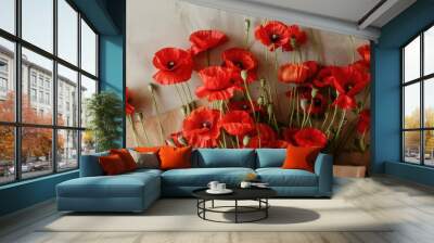 Unconventional indoor floral displays featuring poppies a bunch of red poppies in a vertical cardboard box flower delivery. with copy space image. Place for adding text or design Wall mural