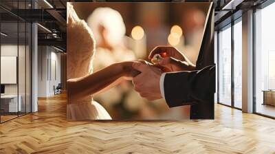 Unfamiliar couple exchanging wedding rings in church during a Christian ceremony copy space image Wall mural