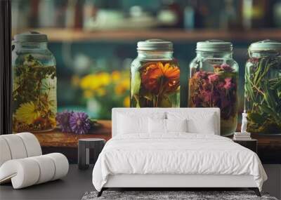 Utilizing fragrant herbs in medicine and beauty steeping in glass jars featuring copy space image Wall mural