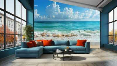 Vacant wild beach and the blue sea horizon blue seascape. with copy space image. Place for adding text or design Wall mural