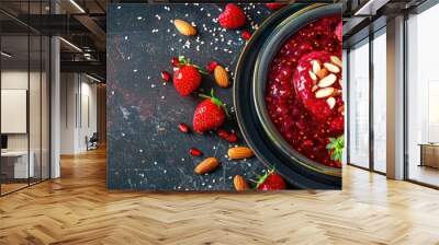 Valentine s Day breakfast idea Chia pudding with red berry puree almonds and heart shaped strawberry Ample copy space for text Wall mural