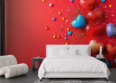 Various occasions including Mother s Day Women s Day Valentine s Day and birthdays displayed on a vibrant red backdrop with multicolored hearts and candies ideal for a copy space image Wall mural