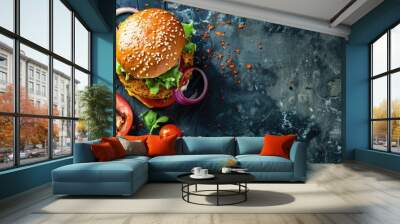 Vegan falafel burger with vegetables and sauce, dark background. Healthy food concept. Copy space image. Place for adding text or design Wall mural