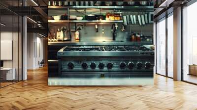 View of empty restaurant kitchen with professional equipment and products. Copy space image. Place for adding text or design Wall mural