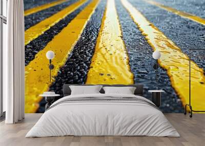 Yellow right angle oil lacquer line photo on bitumen road surface. with copy space image. Place for adding text or design Wall mural