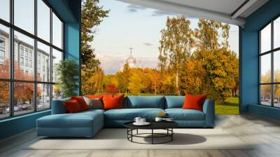 autumn park landscape with church Wall mural