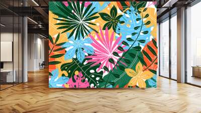 Tropical colorful  leaves in the doodle style. lhand. Exotic summer botanical seamless pattern. Can be used in textile industry, paper, background, scrapbooking.Vector. Wall mural