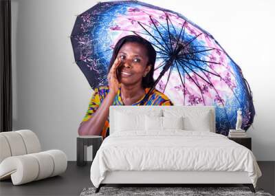 close-up of mature woman with umbrella, whispering Wall mural