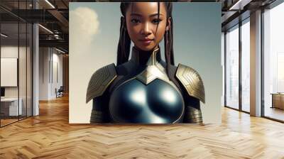 Portrait of a young black woman. With armor against the background of the sky. Wall mural