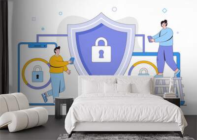 Cyber security vector illustration concept with characters. Data security, protected access control, privacy data protection. Modern flat style for landing page, web banner, infographics, hero images Wall mural