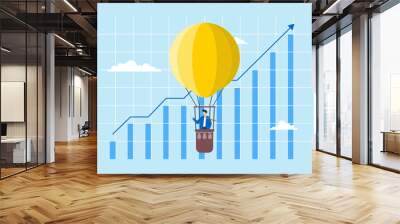 Elevating business strategies, strategic vision, data-driven success, reaching new market heights concept vector illustration. Analyst piloting hot air balloon with financial graphs Wall mural