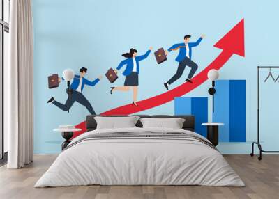 Flat illustration of business people run on growth arrow up chart symbolizing teamwork and career success Wall mural