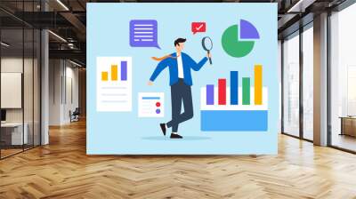 Flat illustration of businessman analyze data with magnifying glass examining chart report optimization marketing financial insight analytic information Wall mural