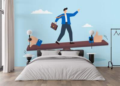 Flat illustration of businessman balances on seesaw with thumb up and down evaluating merit demerit advantage disadvantage in comparison performance Wall mural