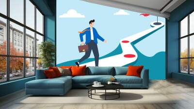 Flat illustration of businessman walks along winning plan journey aiming for career success Wall mural