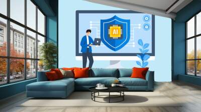 Flat illustration of man using ai for cybersecurity artificial intelligence in security and automating defenses Wall mural