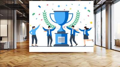 Flat illustration of people celebrating successful project milestone with trophy and confetti Wall mural