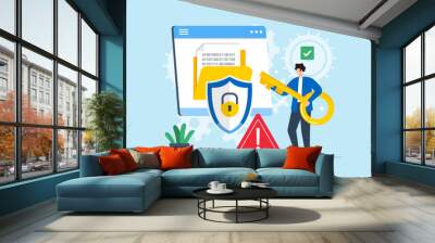 Flat illustration of person holding key to decrypting encoded data information security Wall mural