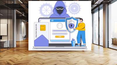 Identity theft protection vector illustration concept with characters. Identity fraud prevention, secure personal information, digital identity safety. Modern flat style for landing page, infographic Wall mural