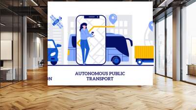 Intelligent transportation system, autonomous public transport, truck platooning concept with tiny people. Modern logistics vector illustration set. Smart traffic management, IoT metaphor Wall mural