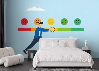 Man trying to push customer feedback bar to be excellent smile Wall mural