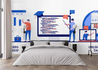 Managers, coding workshop, online tech talks concept with tiny people. Employee skills training abstract vector illustration set. Write code, software development, presentation, web session metaphor Wall mural