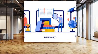 Online courses, E-library, global online education concept with tiny people. E-learning tools abstract vector illustration set. Certificate diploma, content store access, individual learning metaphor Wall mural