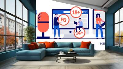 Podcast content rating, media content control concept with tiny people. Engaging marketing abstract vector illustration set. Promotion strategy, monetization, games and apps, user guidelines metaphor Wall mural