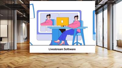 Professional livestream, software and account administrator concept with tiny people. Online live event vector illustration set. Broadcasting service, stream manager, go live in real-time metaphor Wall mural