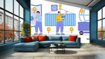 Supply chain management, logistics optimization, global distribution concept with character. Supply chain abstract vector illustration set. Efficient logistics, supply chain optimization metaphor Wall mural