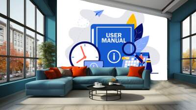 User manual concept with characters. Requirements specifications document. People reading book instructions and discussing content of the guide book. Modern vector illustration in flat style Wall mural