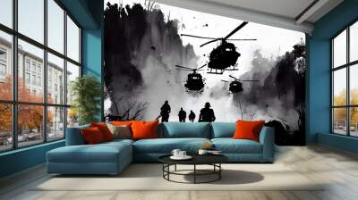 A black and white pen illustration of a battlefield scene during the Vietnam War with Helicopters in the sky. AI Generative Art. Wall mural