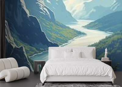 Colorful retro style illustration travel poster of a Scandinavian fjord. Wall mural