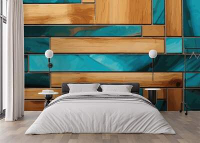 Vector Art Deco parquet panel with a wood texture and, turquoise and azure inlays background wallpaper. Wall mural