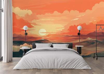 Vector art illustration with a mountain range and a setting sun with orange hues. AI generative art Wall mural