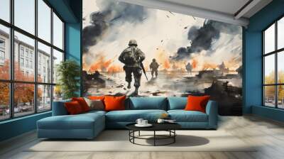 World war II battle scene illustration. AI Generative Art. Wall mural