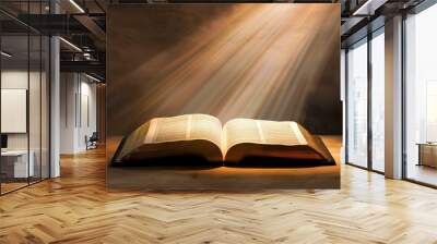 A book is open to a page with a sun shining on it. The sun is casting a warm glow on the pages of the book Wall mural