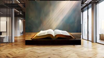 A book is open to a page with a sun shining on it. The sun is casting a warm glow on the pages of the book Wall mural