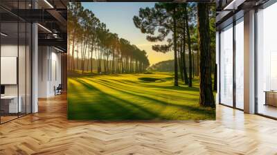 A golf course with trees in the background and the sun shining on the grass. The shadows of the trees are cast on the grass, creating a serene and peaceful atmosphere Wall mural