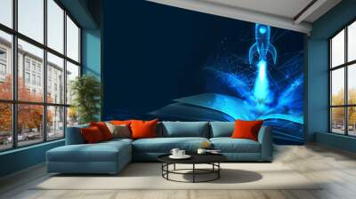 An open book with digital blue light lines and a holographic rocket rising from it, representing the journey of knowledge as an illustration for education or learning concept. The background is a dark Wall mural